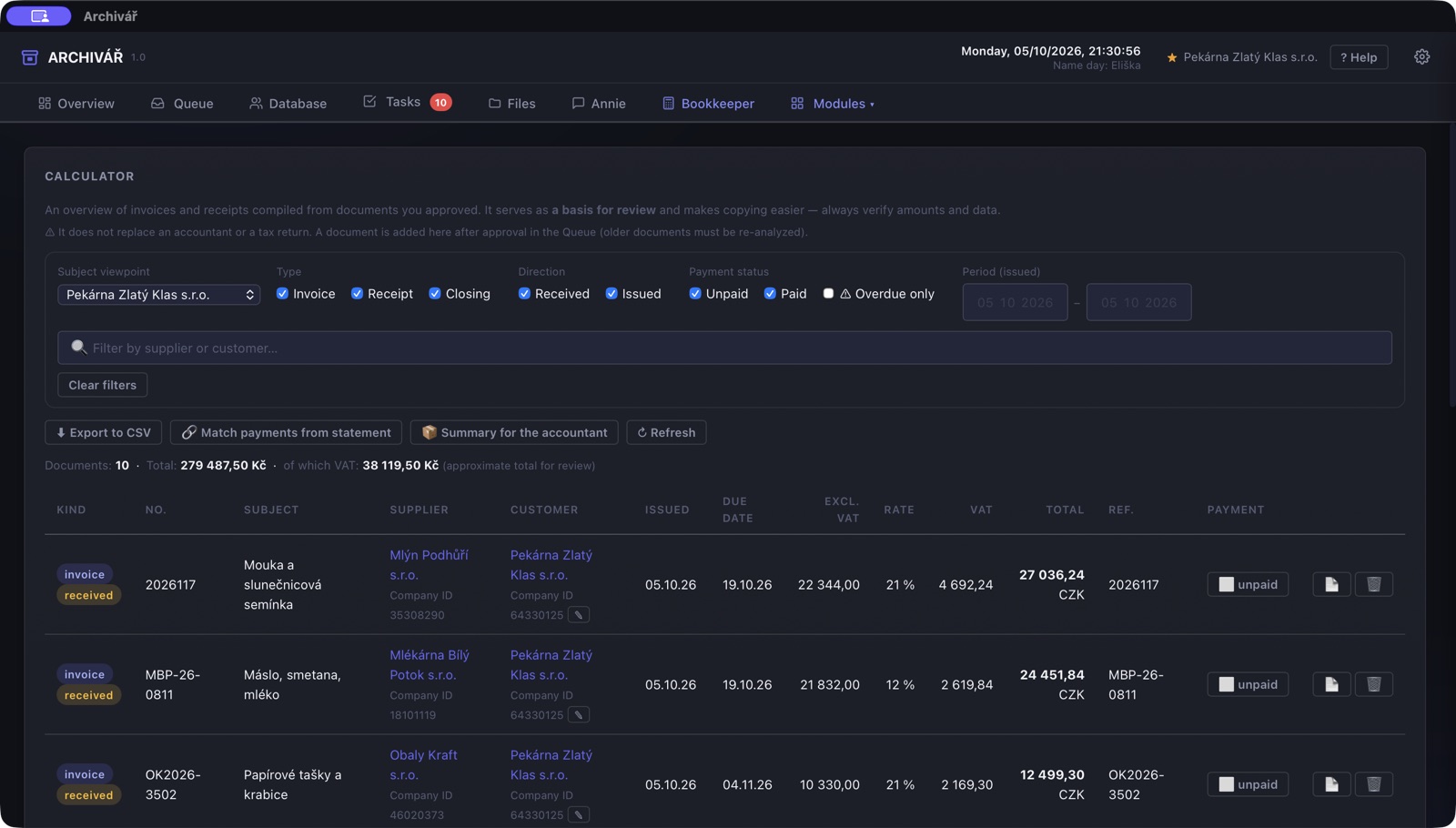 Bookkeeper: invoices neatly organised for your accountant